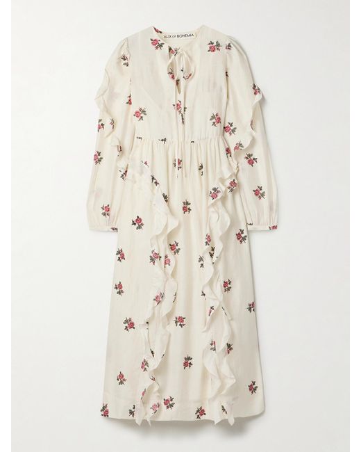 Alix Of Bohemia Natural Lina Ruffled Floral-Print Silk-Voile Midi Dress
