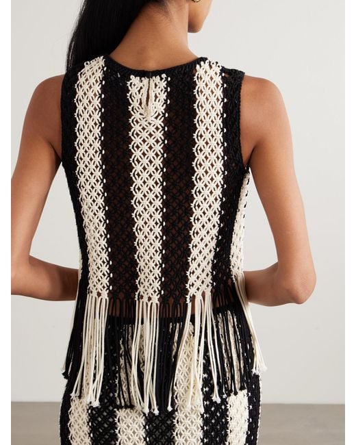 Zimmermann Black Wanderlust Fringed Striped Macramé Cotton Top