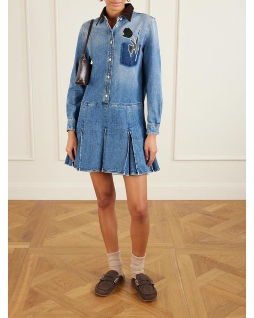 Marni Blue Velvet-Trimmed Appliquéd Pleated Denim Mini Dress