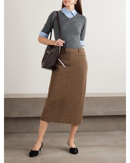 Staud Brown Geo Layered Cotton-Blend Poplin-Trimmed Twill And Wool-Blend Midi Dress