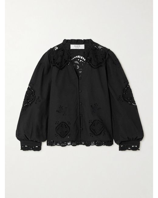 Sea Black Edith Broderie Anglaise-Trimmed Cotton And Linen-Blend Blouse