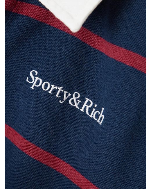 Sporty & Rich Blue Embroidered Striped Cotton Polo Shirt