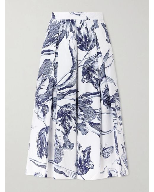 Erdem Blue Pleated Floral-Print Cotton-Poplin Midi Skirt