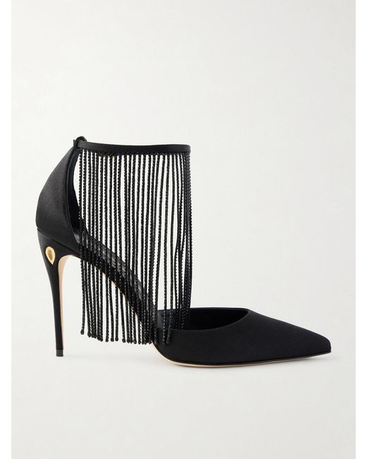 JENNIFER CHAMANDI Black Fernando 105 Crystal-Embellished Fringed Satin Pumps