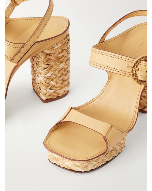 Zimmermann Metallic Solena Raffia-Trimmed Leather Platform Sandals