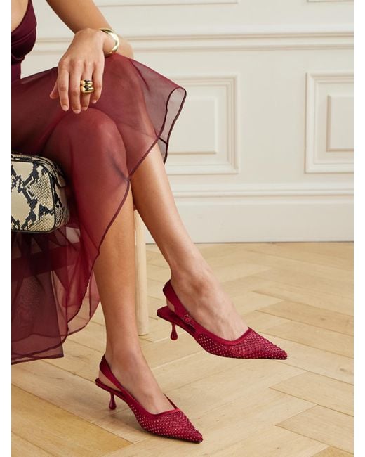 Jimmy Choo Red Amel 50 Crystal-Embellished Mesh And Satin Slingback Pumps