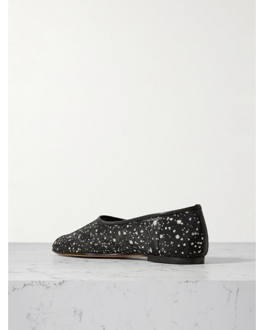 Emme Parsons White High Throat Leather-Trimmed Glittered Mesh Ballet Flats