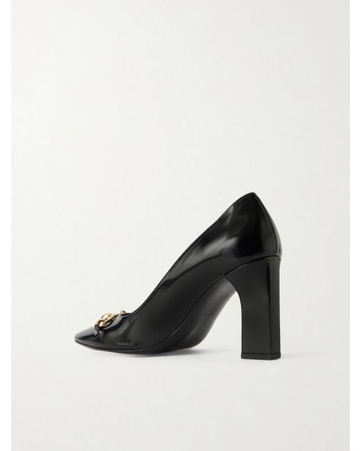 Gucci Black Signora Horsebit-Embellished Glossed Leather Pumps