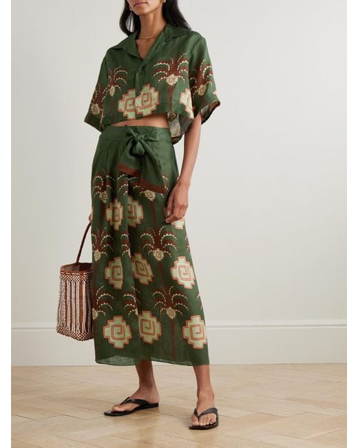 Johanna Ortiz Green Amazon Echoes Printed Linen Midi Wrap Skirt