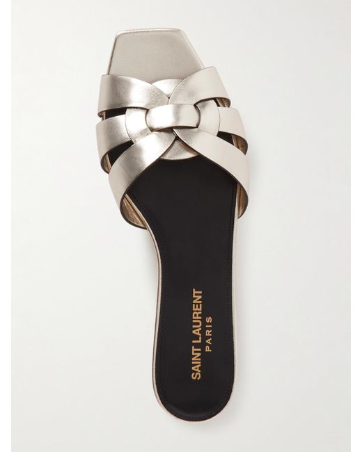 Saint Laurent White Tribute Woven Metallic Leather Slides