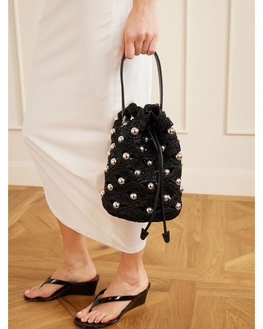Rabanne White Embellished Leather-Trimmed Raffia Crossbody Bag