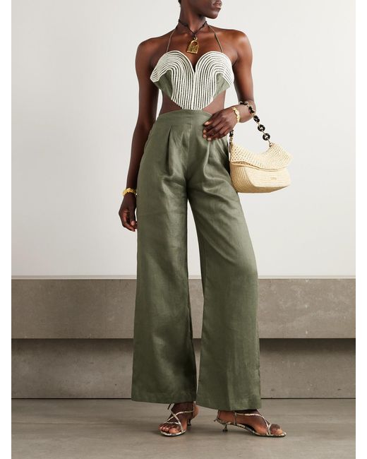 ANDRES OTALORA Green Zinnia Cutout Embroidered Linen Jumpsuit