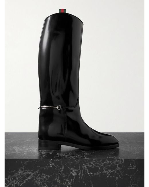 Gucci Black Kniehohe Stiefel Aus Lackleder Mit „Horsebit“-Detail Und Canvas-Besätzen