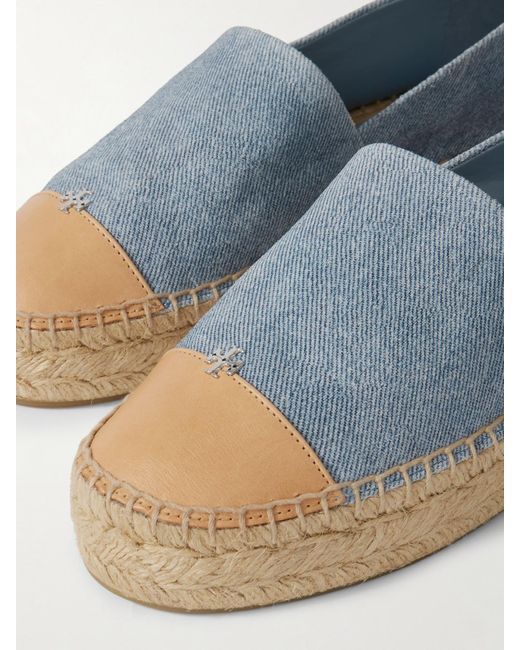 Tory Burch Blue Lace-Up Embellished Leather-Trimmed Printed Suede Platform Espadrilles