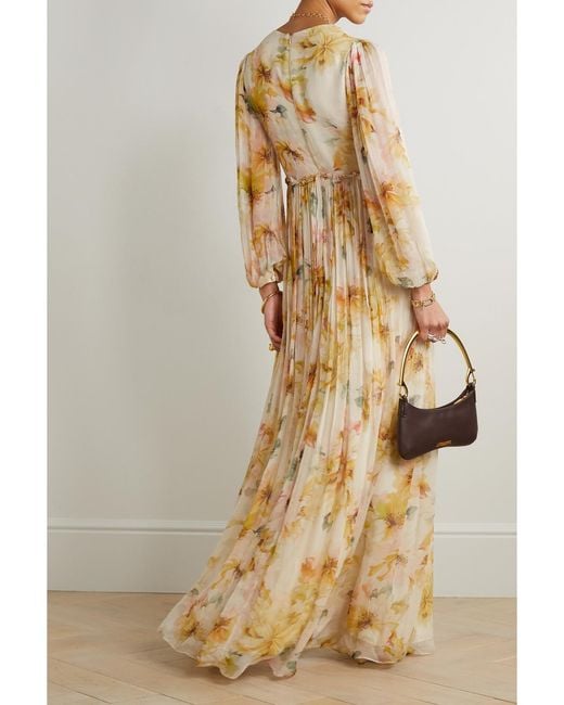 Costarellos Metallic Gianna Floral-Print Ruched Pleated Georgette Gown