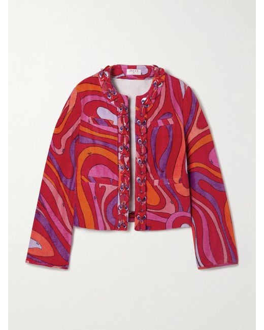 Emilio Pucci Red Embellished Twill-Trimmed Printed Cotton-Terry Jacket