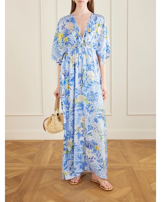 Mary Katrantzou Blue Taormina Checked Floral-Print Satin Kaftan