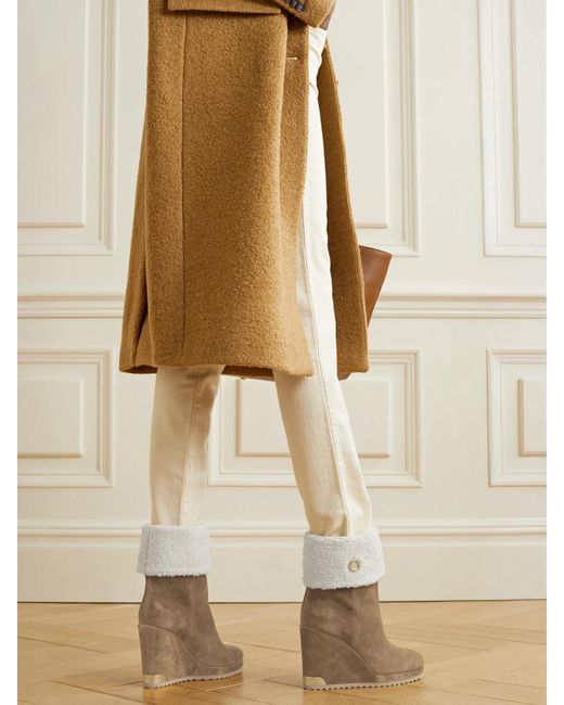 Moncler Brown W Short Shearling-Lined Suede Wedge Ankle Boots