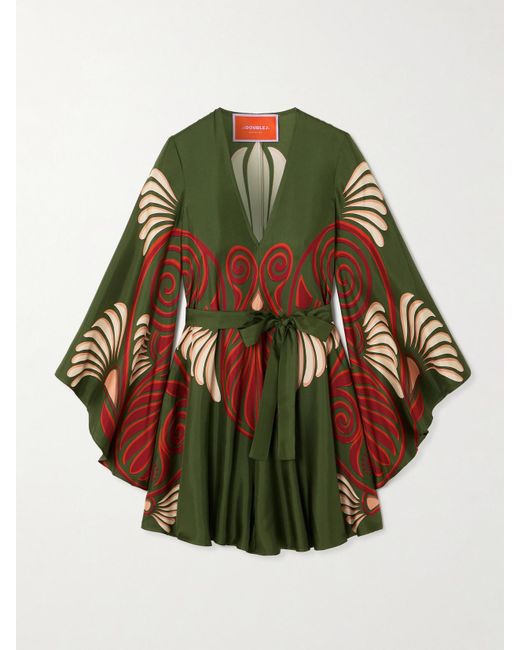 LaDoubleJ Green Magnifico Belted Printed Silk Mini Dress