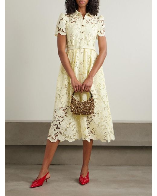 Self-Portrait Yellow Belted Corded Lace Midi Dress