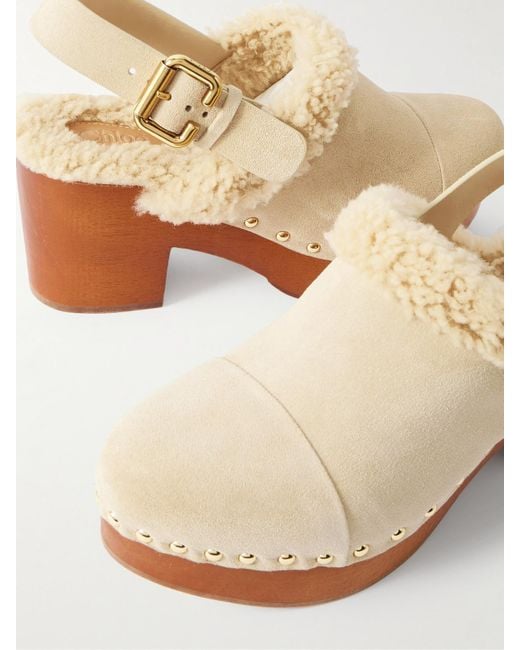 Chloé Natural Jeanette Shearling-Trimmed Suede Slingback Platform Clogs