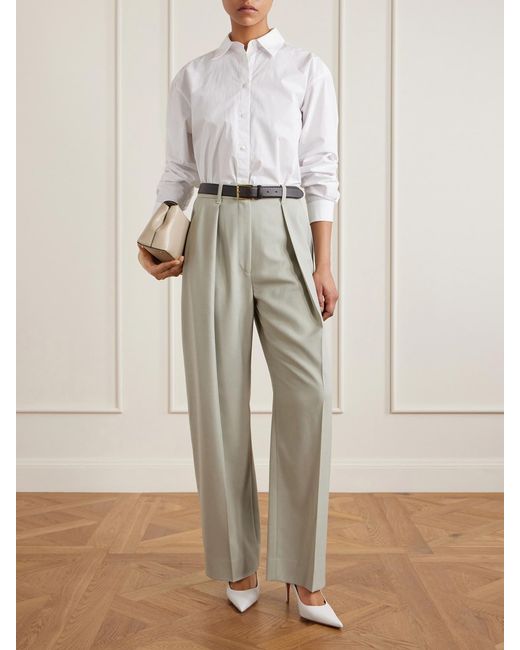 Victoria Beckham White Pleated Grain De Poudre Wide-Leg Pants