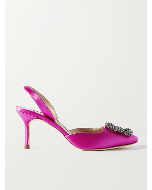 Manolo Blahnik Pink Hangisli 70 Embellished Satin Slingback Pumps