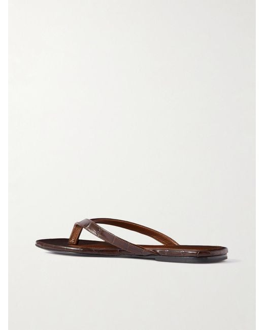 Totême  White The Flip-Flop Flat Croc-Effect Leather Flip Flops