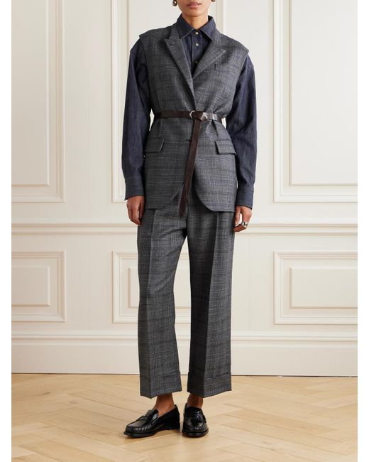 Brunello Cucinelli Black Bead-Embellished Leather-Trimmed Belted Prince Of Wales Checked Wool Vest