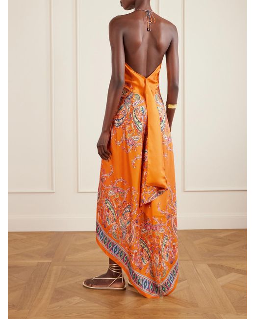 Etro Orange Paisley-Print Silk-Twill Halterneck Maxi Dress