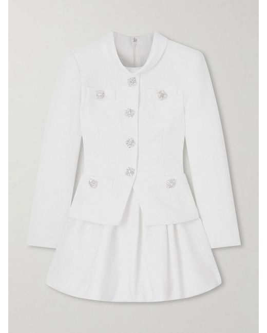 Self-Portrait White Layered Crystal-Embellished Bouclé-Tweed Mini Dress