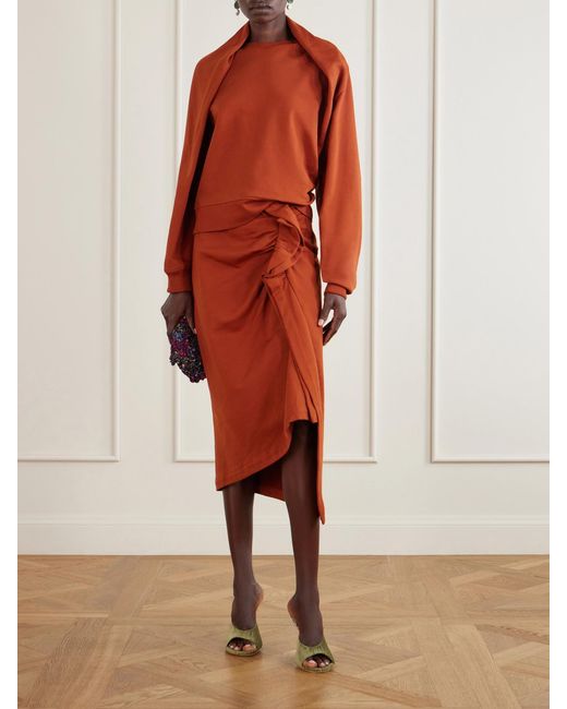 Dries Van Noten Orange Draped Cotton-Jersey Midi Skirt