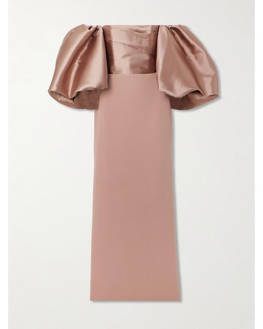 Solace London Pink Floris Off-The-Shoulder Satin-Twill And Crepe Gown
