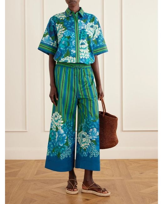 ALÉMAIS Blue Margo Striped Floral-Print Organic Cotton-Voile Shirt