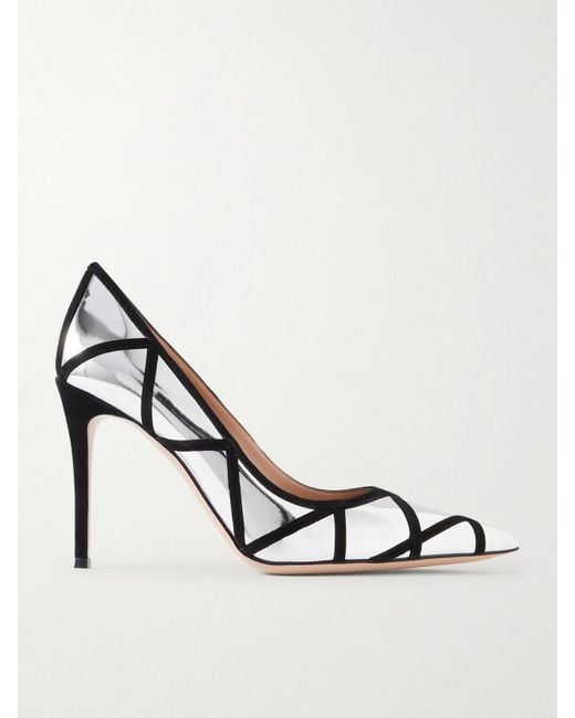 Gianvito Rossi White 95 Suede-Trimmed Mirrored-Leather Pumps