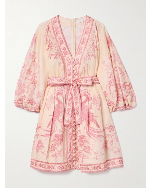 Mini-Robe En Lin Imprimé À Ceinture Lucky Zimmermann en coloris Pink
