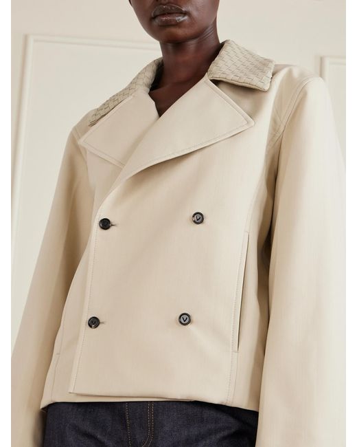 Bottega Veneta Natural Double-Breasted Intrecciato Leather-Trimmed Wool And Cotton-Blend Jacket