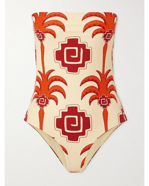 Johanna Ortiz Red Alta Mar Strapless Printed Recycled Swimsuit