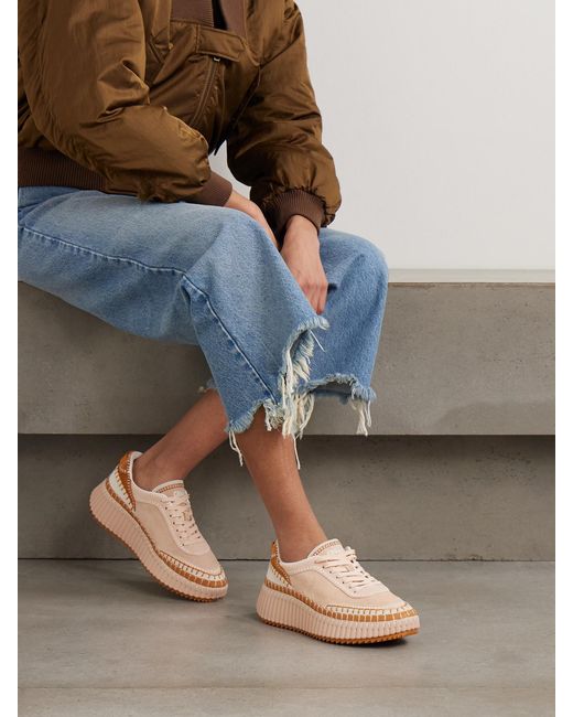Chloé Natural Nama Embroidered Leather-Trimmed Suede Platform Sneakers