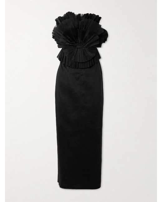 Robe Longue Bustier En Lin Mélangé Et En Coton Plissé À Volants Kira Aje. en coloris Black