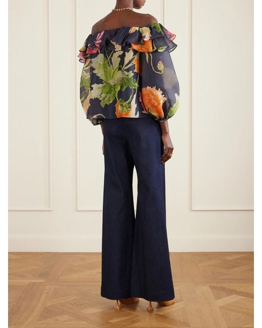 Carolina Herrera Blue Off-The-Shoulder Floral-Print Silk-Organza Top