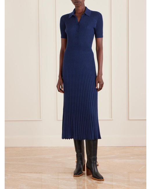 Gabriela Hearst Blue Ribbed Cashmere And Silk-Blend Midi Dress