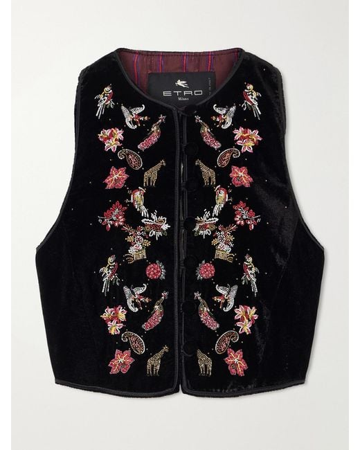 Etro Black Bead-Embellished Cropped Velvet Vest