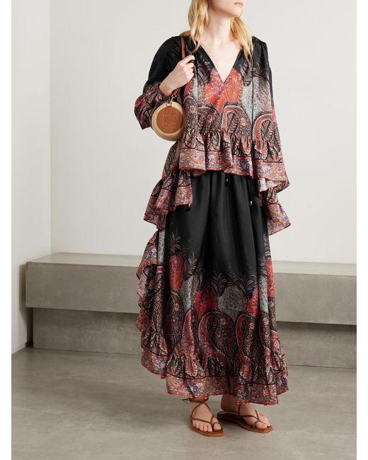 Zimmermann Red Rhiannon Ruffled Paisley-Print Organic Silk Blouse