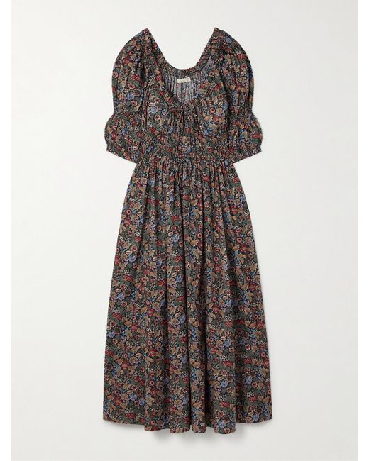Doen Multicolor Ischia Shirred Floral-Print Organic Cotton-Voile Midi Dress