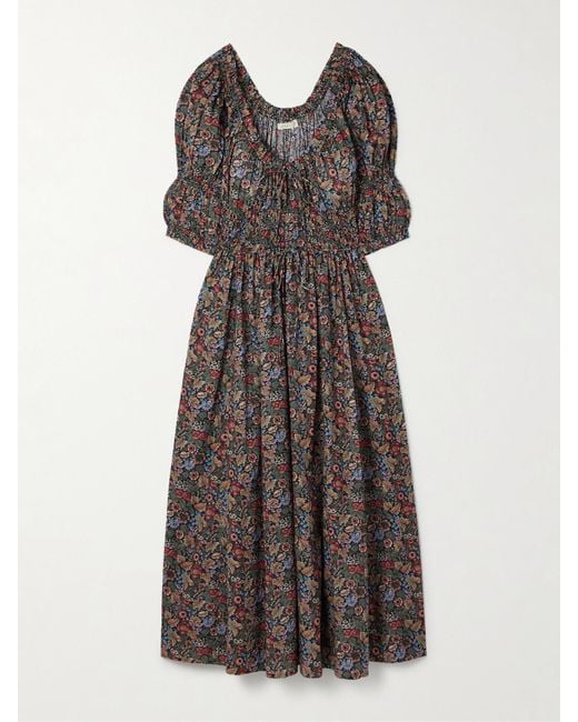 Doen Multicolor Ischia Midikleid Aus Biobaumwoll-Voile Mit Blumenprint Und Raffungen