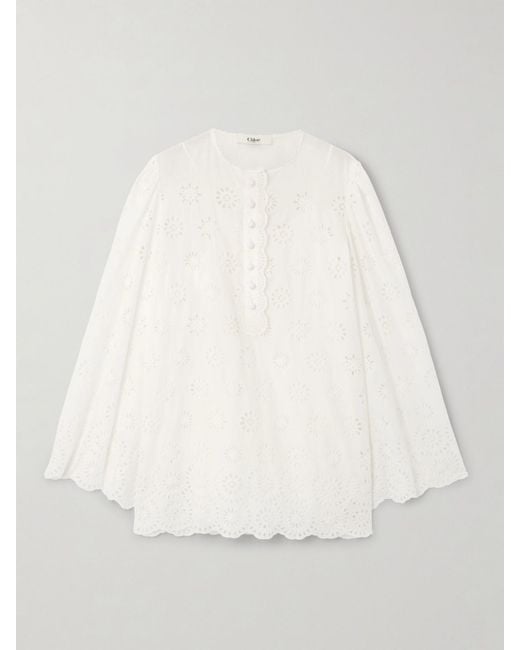 Chloé Natural Scalloped Broderie Anglaise Cotton-Blend Mini Dress
