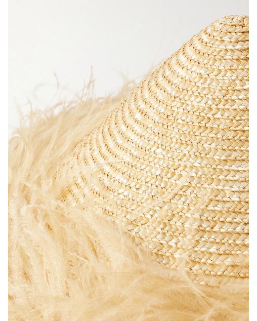 Gigi Burris Millinery Natural Harriet Feather-Trimmed Woven Raffia Sunhat