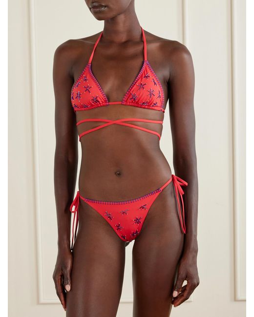 Staud Red Lido Bead-Embellished Triangle Bikini Top
