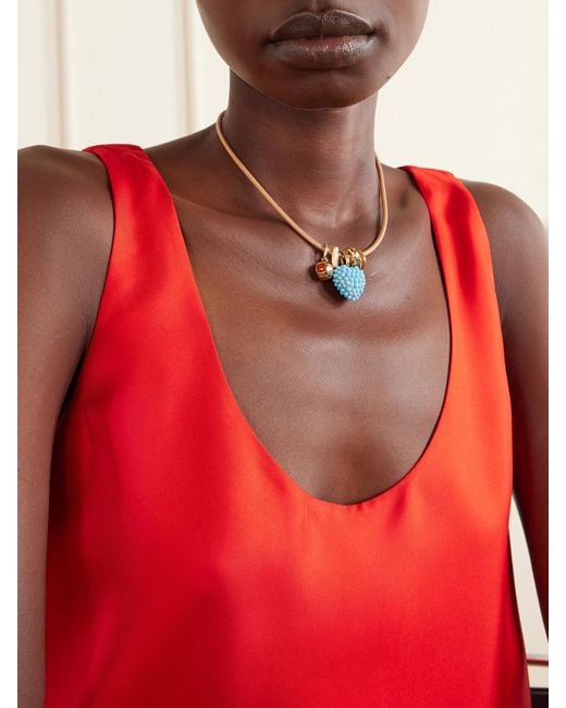 Roxanne Assoulin Natural The Leather Stone Slider-Tone, Turquois, Enamel And Leather Necklace